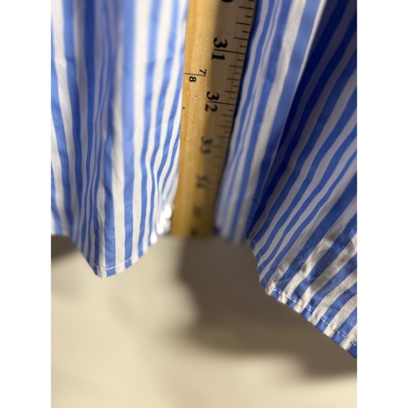 Entro Blue White Stripe Ric Rac Trim Tiered Flutter Sleeve Mini Dress Medium - Picture 11 of 11